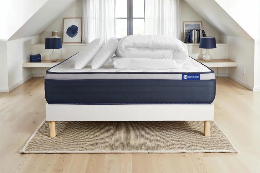 Pack lit complet 140x190 cm - Matelas + Sommier Blanc (en kit) + 2 oreillers + Couette - Actiflex Max