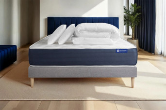 Pack lit complet 200x200 cm - Matelas + Sommier Gris (en kit) + 2 oreillers + Couette - Actiflex Sleep