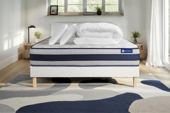 Pack lit complet 160x200 cm - Matelas + Sommier Blanc (en kit) + 2 oreillers + Couette - Actimemo Ergo