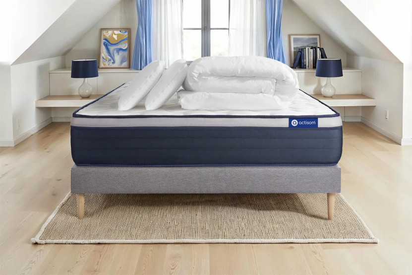 Pack lit complet 160x200 cm - Matelas + Sommier Gris (en kit) + 2 oreillers + Couette - Actilatex Max