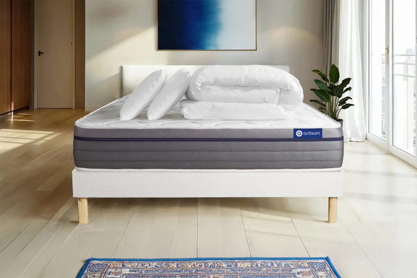 Pack lit complet 140x190 cm - Matelas + Sommier Blanc (en kit) + 2 oreillers + Couette - Actilatex Zen