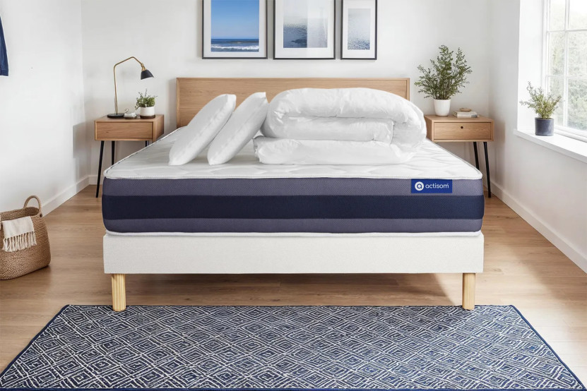 Pack lit complet 140x190 cm - Matelas + Sommier Blanc (en kit) + 2 oreillers + Couette - Actiflex Morpho