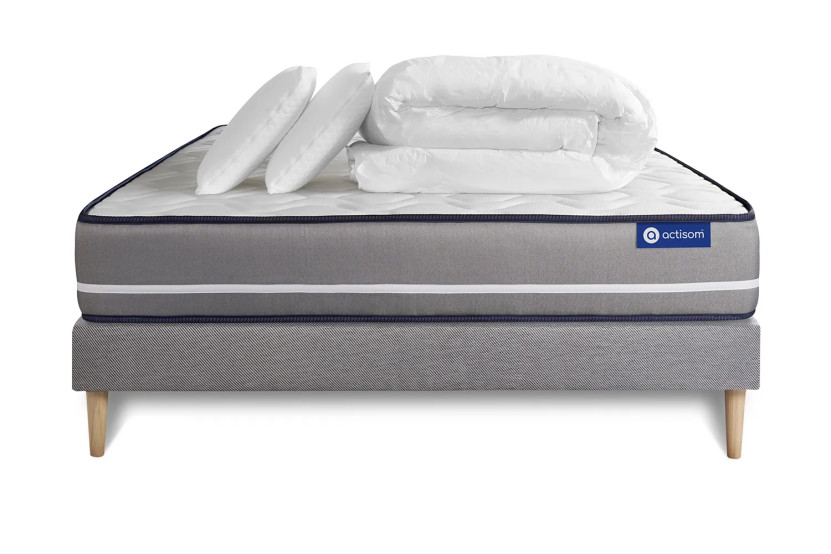 Pack lit complet 140x200 cm - Matelas + Sommier Gris (en kit) + 2 oreillers + Couette - Actilatex Pur