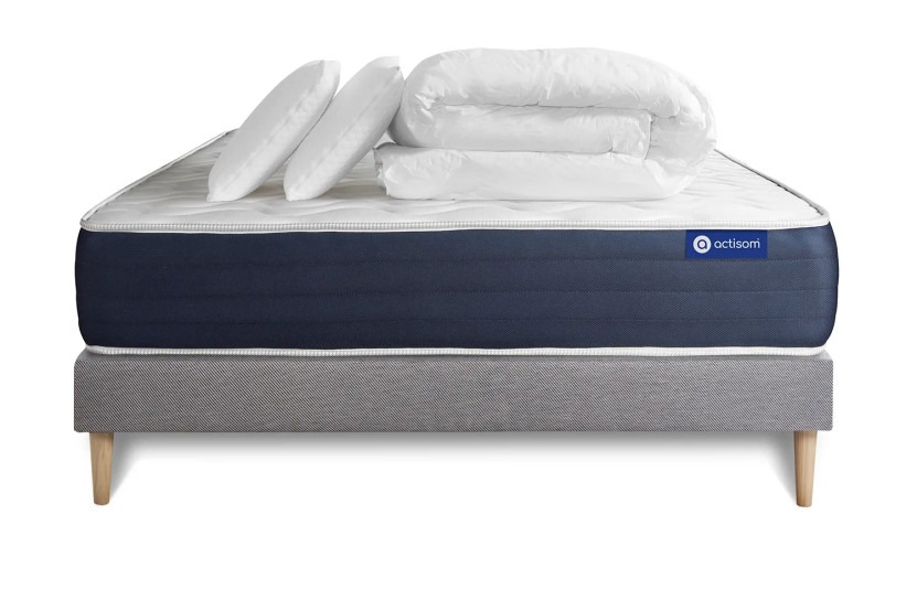 Pack lit complet 180x200 cm - Matelas + Sommier Gris (en kit) + 2 oreillers + Couette - Actiflex Sleep