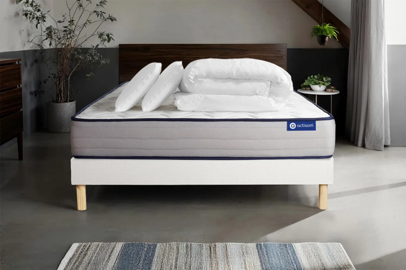 Pack lit complet 160x200 cm - Matelas + Sommier Blanc (en kit) + 2 oreillers + Couette - Actimemo Form