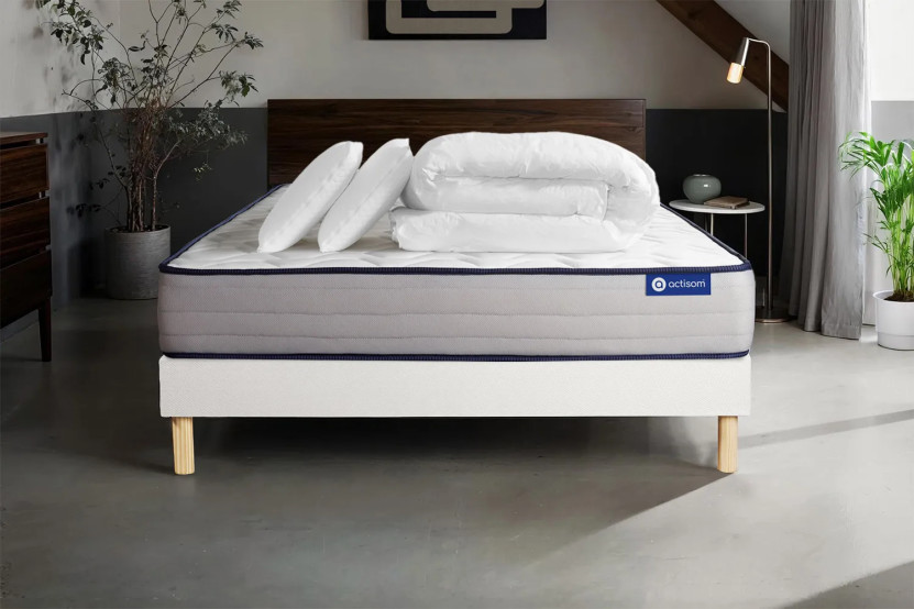 Pack lit complet 180x200 cm - Matelas + Sommier Blanc (en kit) + 2 oreillers + Couette - Actilatex Form