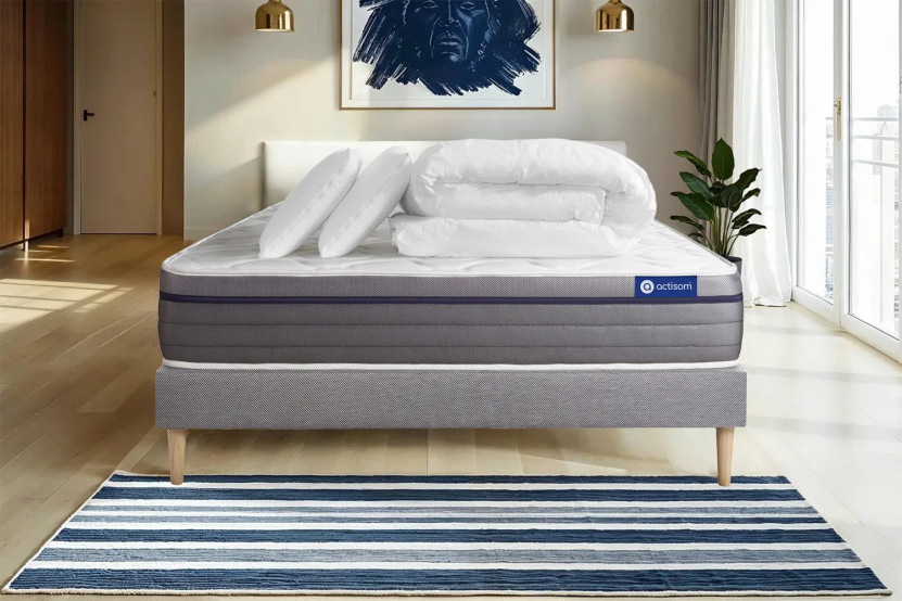 Pack lit complet 140x190 cm - Matelas + Sommier Gris (en kit) + 2 oreillers + Couette - Actiflex Zen