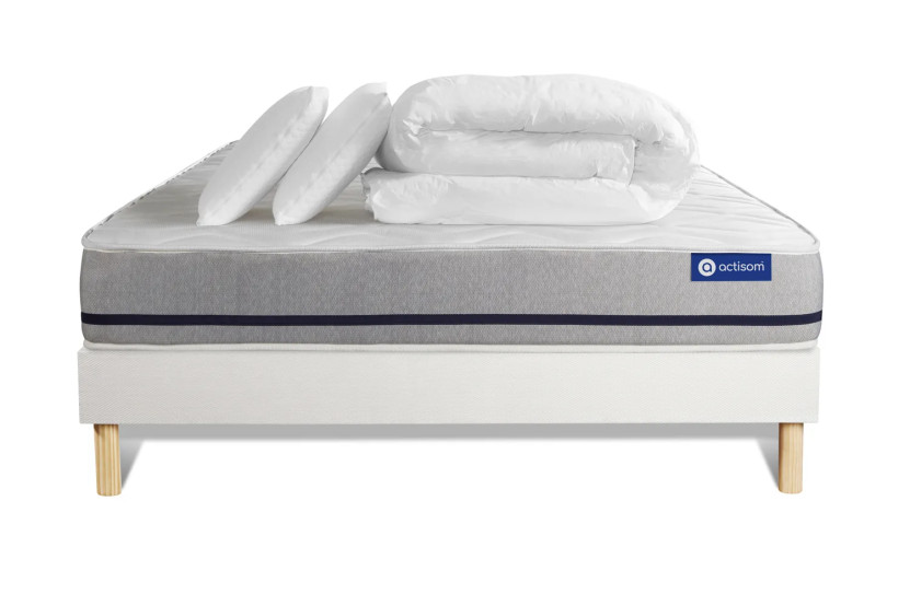 Pack lit complet 140x200 cm - Matelas + Sommier Blanc (en kit) + 2 oreillers + Couette - Actiflex Soft