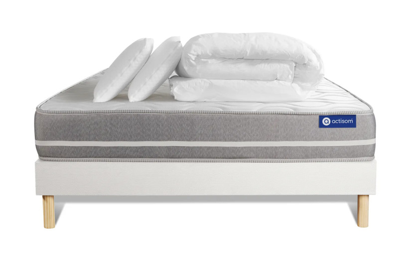 Pack lit complet 140x190 cm - Matelas + Sommier Blanc (en kit) + 2 oreillers + Couette - Actimemo Touch