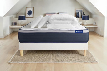 Pack lit complet 200x200 cm - Matelas + Sommier Blanc (en kit) + 2 oreillers + Couette - Actimemo Max