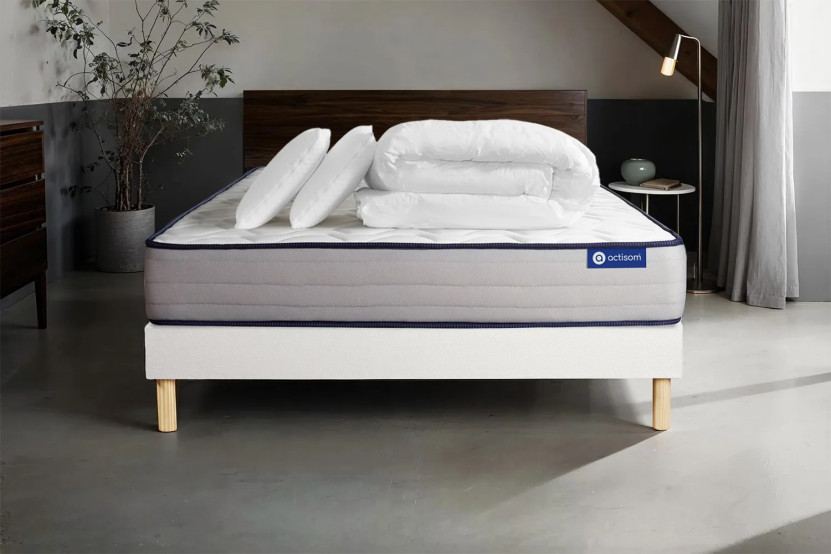 Pack lit complet 200x200 cm - Matelas + Sommier Blanc (en kit) + 2 oreillers + Couette - Actiflex Form