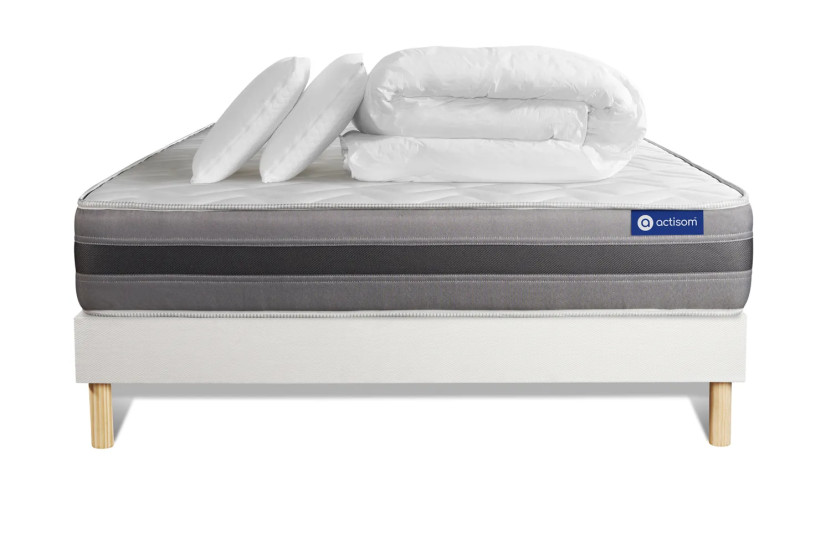 Pack lit complet 160x200 cm - Matelas + Sommier Blanc (en kit) + 2 oreillers + Couette - Actimemo Relax