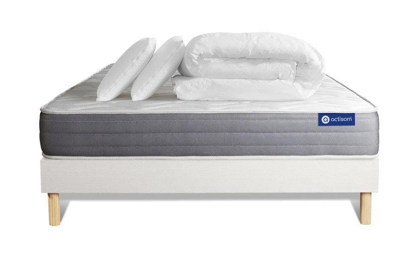 Pack lit complet 140x200 cm - Matelas + Sommier Blanc (en kit) + 2 oreillers + Couette - Actimemo Dream