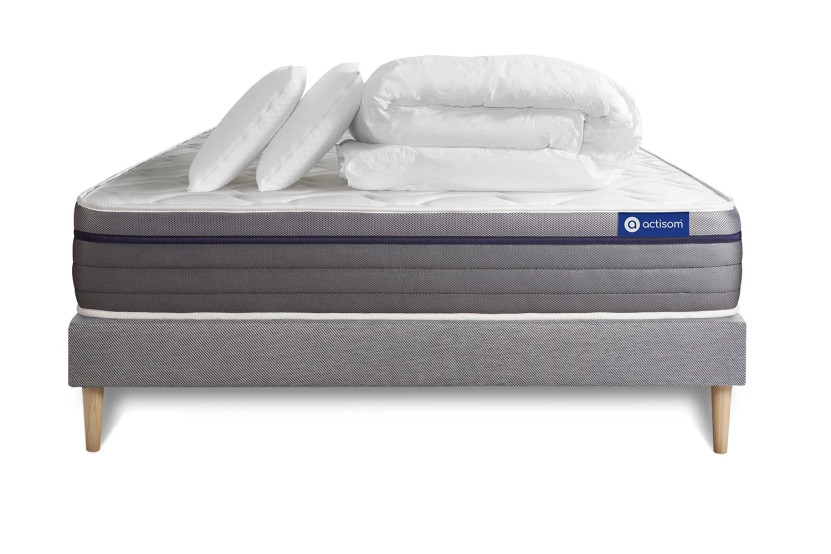 Pack lit complet 180x200 cm - Matelas + Sommier Gris (en kit) + 2 oreillers + Couette - Actilatex Zen