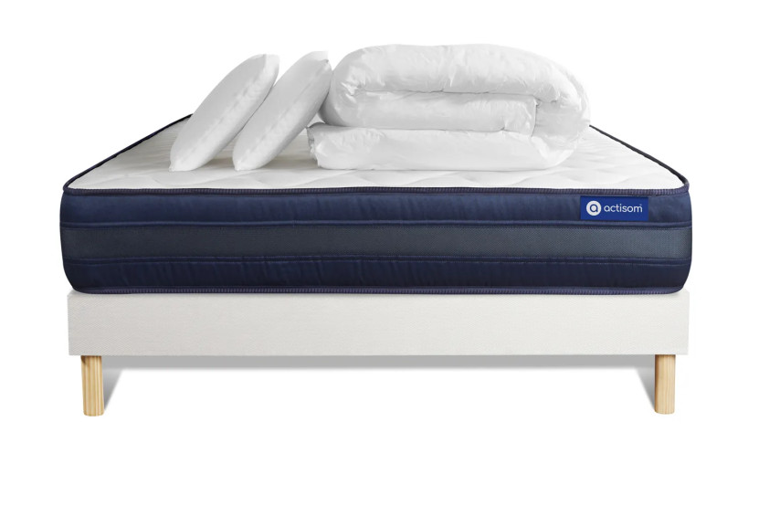 Pack lit complet 160x200 cm - Matelas + Sommier Blanc (en kit) + 2 oreillers + Couette - Actilatex Tech