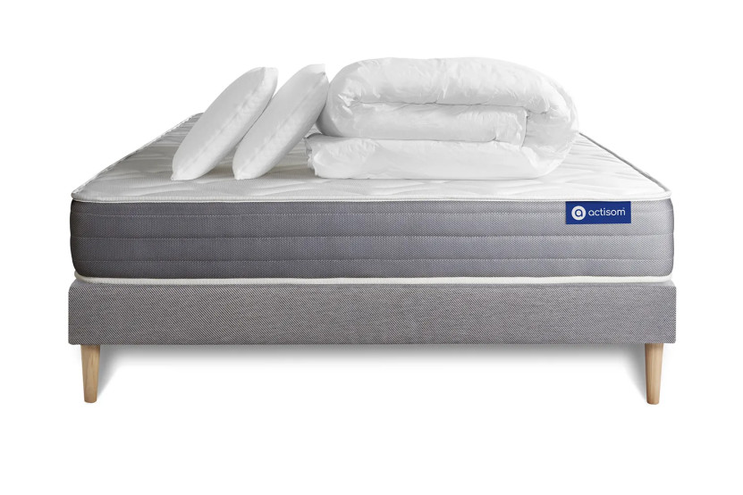 Pack lit complet 200x200 cm - Matelas + Sommier Gris (en kit) + 2 oreillers + Couette - Actimemo Dream