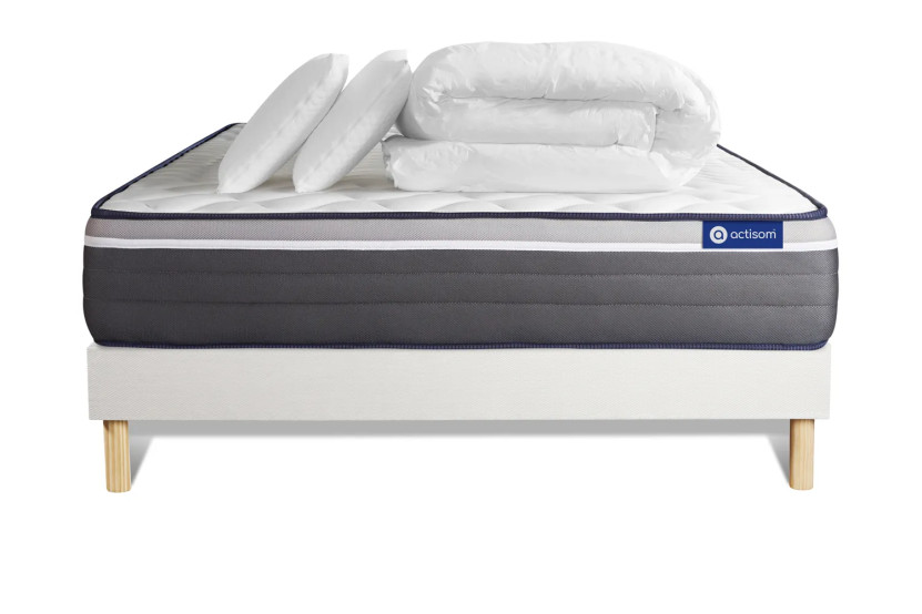 Pack lit complet 200x200 cm - Matelas + Sommier Blanc (en kit) + 2 oreillers + Couette - Actiflex Plus