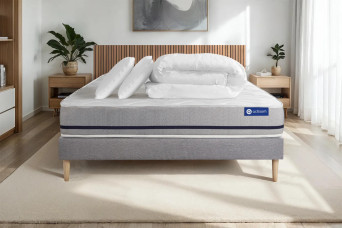Pack lit complet 160x200 cm - Matelas + Sommier Gris (en kit) + 2 oreillers + Couette - Actimemo Soft