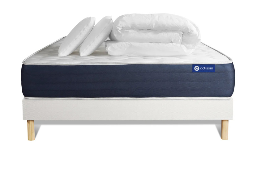 Pack lit complet 200x200 cm - Matelas + Sommier Blanc (en kit) + 2 oreillers + Couette - Actilatex Sleep