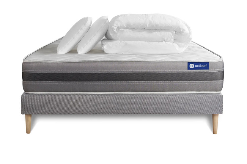Pack lit complet 140x200 cm - Matelas + Sommier Gris (en kit) + 2 oreillers + Couette - Actilatex Relax