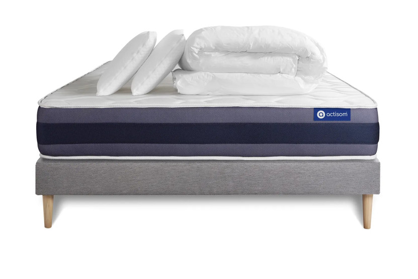 Pack lit complet 180x200 cm - Matelas + Sommier Gris (en kit) + 2 oreillers + Couette - Actimemo Morpho