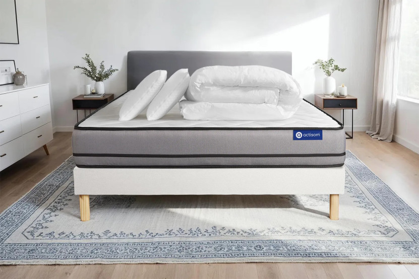 Pack lit complet 160x200 cm - Matelas + Sommier Blanc (en kit) + 2 oreillers + Couette - Actiflex Night