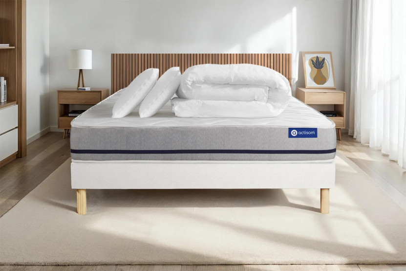 Pack lit complet 180x200 cm - Matelas + Sommier Blanc (en kit) + 2 oreillers + Couette - Actilatex Soft