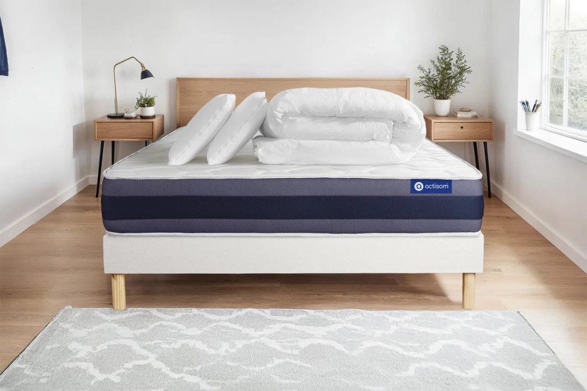 Pack lit complet 160x200 cm - Matelas + Sommier Blanc (en kit) + 2 oreillers + Couette - Actilatex Morpho