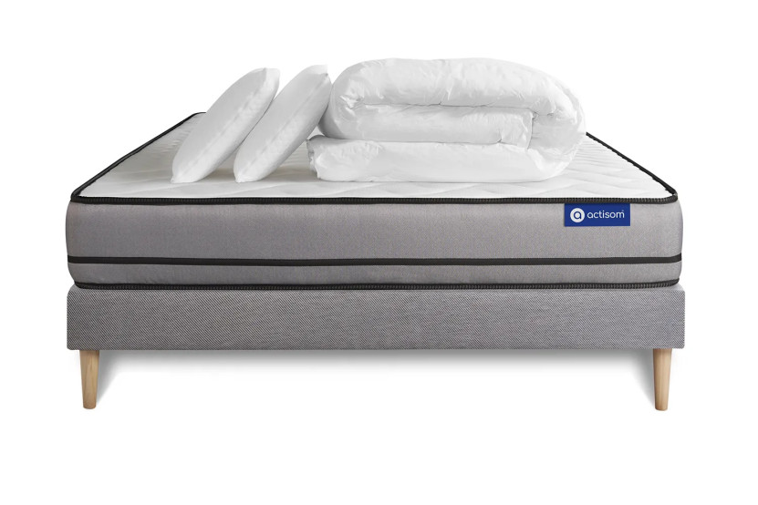 Pack lit complet 180x200 cm - Matelas + Sommier Gris (en kit) + 2 oreillers + Couette - Actiflex Night
