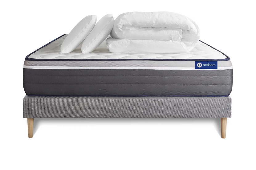 Pack lit complet 180x200 cm - Matelas + Sommier Gris (en kit) + 2 oreillers + Couette - Actilatex Plus