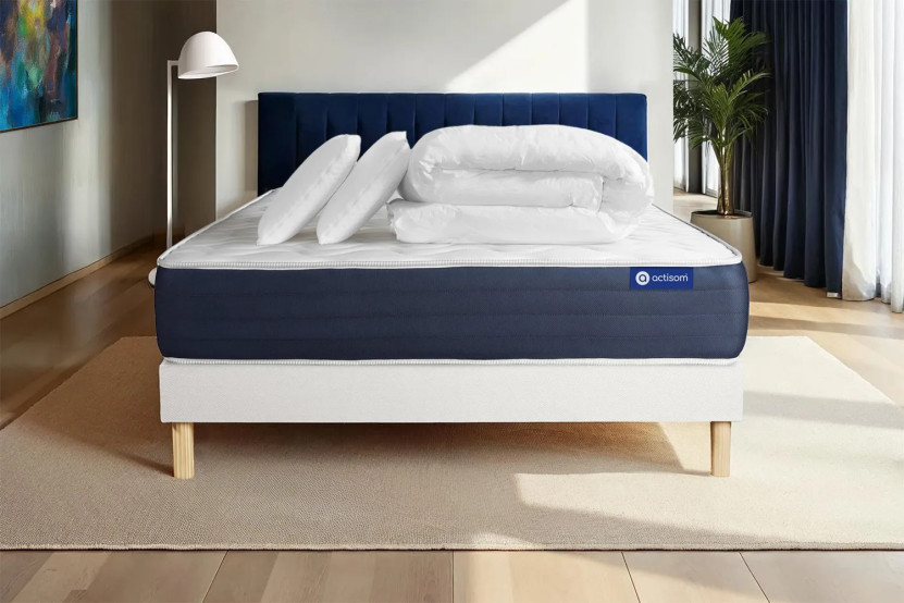 Pack lit complet 140x200 cm - Matelas + Sommier Blanc (en kit) + 2 oreillers + Couette - Actilatex Sleep