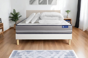 Pack lit complet 140x190 cm - Matelas + Sommier Blanc (en kit) + 2 oreillers + Couette - Actimemo Pur