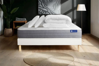 Pack lit complet 200x200 cm - Matelas + Sommier Blanc (en kit) + 2 oreillers + Couette - Actimemo Dream