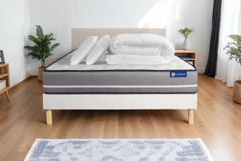 Pack lit complet 140x190 cm - Matelas + Sommier Blanc (en kit) + 2 oreillers + Couette - Actiflex Pur