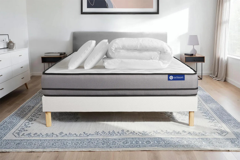 Pack lit complet 160x200 cm - Matelas + Sommier Blanc (en kit) + 2 oreillers + Couette - Actimemo Night