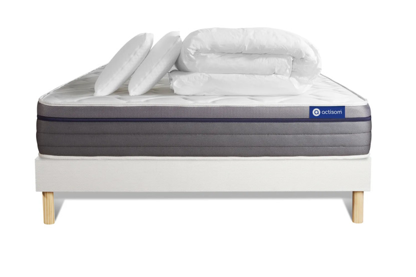 Pack lit complet 140x190 cm - Matelas + Sommier Blanc (en kit) + 2 oreillers + Couette - Actiflex Zen