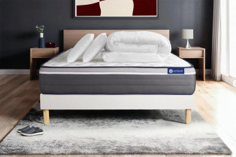 Pack lit complet 180x200 cm - Matelas + Sommier Blanc (en kit) + 2 oreillers + Couette - Actilatex Plus