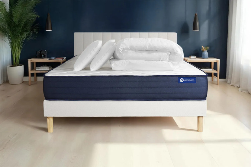 Pack lit complet 160x200 cm - Matelas + Sommier Blanc (en kit) + 2 oreillers + Couette - Actimemo Life