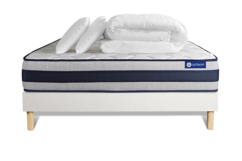 Pack lit complet 140x200 cm - Matelas + Sommier Blanc (en kit) + 2 oreillers + Couette - Actimemo Ergo