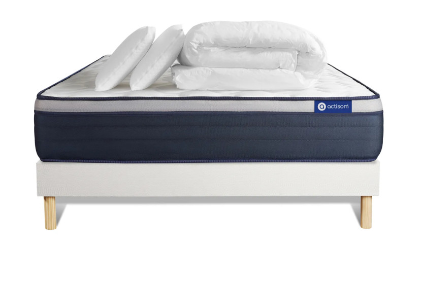 Pack lit complet 160x200 cm - Matelas + Sommier Blanc (en kit) + 2 oreillers + Couette - Actimemo Max