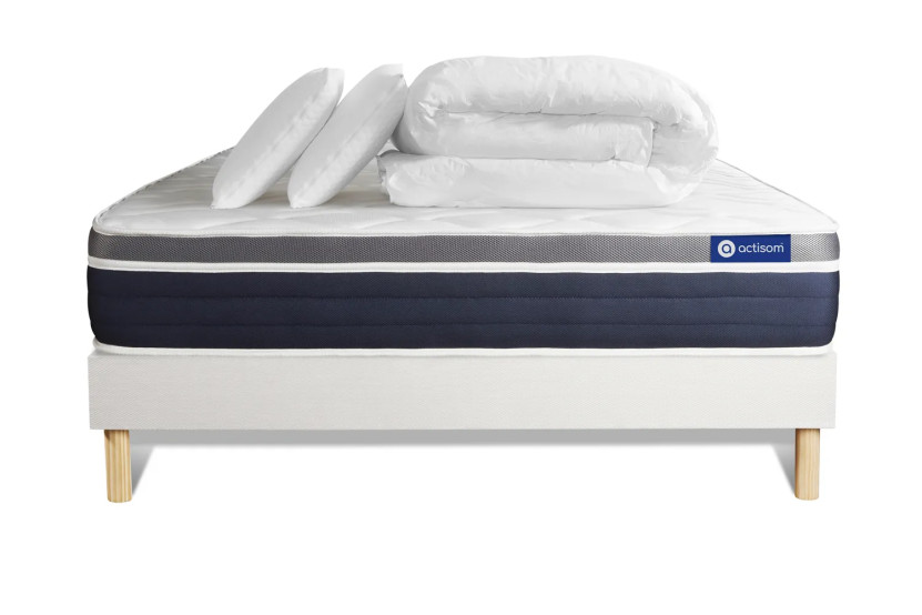 Pack lit complet 160x200 cm - Matelas + Sommier Blanc (en kit) + 2 oreillers + Couette - Actilatex Confort
