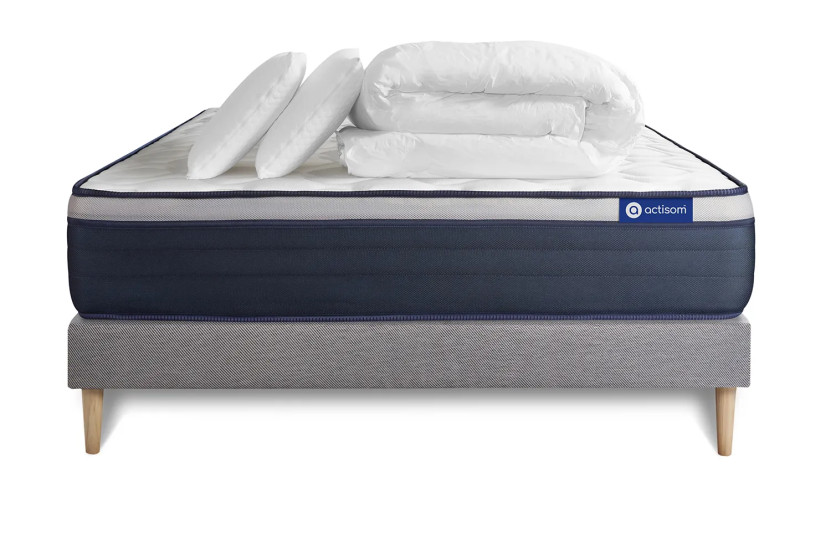 Pack lit complet 180x200 cm - Matelas + Sommier Gris (en kit) + 2 oreillers + Couette - Actilatex Max