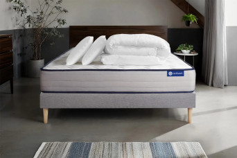 Pack lit complet 200x200 cm - Matelas + Sommier Gris (en kit) + 2 oreillers + Couette - Actimemo Form