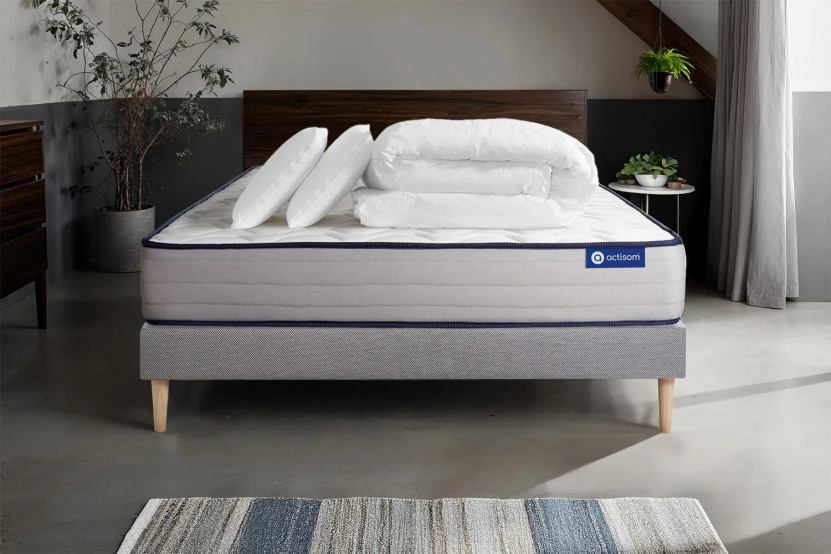 Pack lit complet 200x200 cm - Matelas + Sommier Gris (en kit) + 2 oreillers + Couette - Actimemo Form