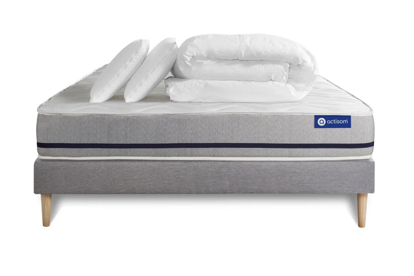 Pack lit complet 180x200 cm - Matelas + Sommier Gris (en kit) + 2 oreillers + Couette - Actilatex Soft