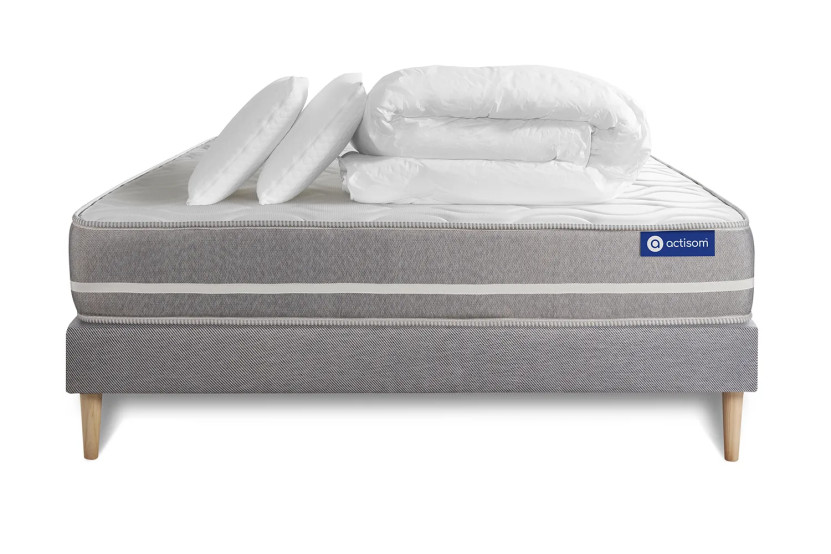 Pack lit complet 140x190 cm - Matelas + Sommier Gris (en kit) + 2 oreillers + Couette - Actimemo Touch
