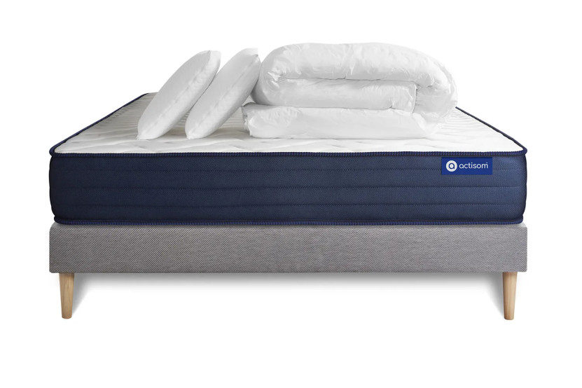 Pack lit complet 140x190 cm - Matelas + Sommier Gris (en kit) + 2 oreillers + Couette - Actimemo Life