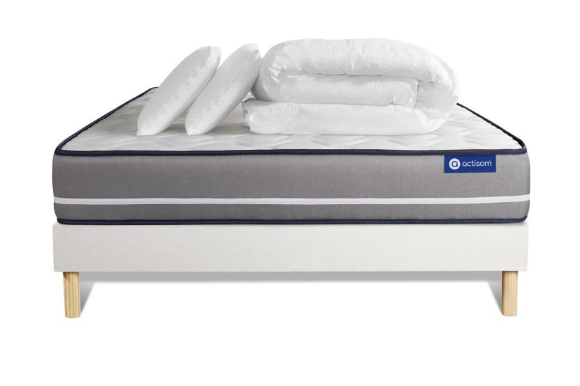 Pack lit complet 200x200 cm - Matelas + Sommier Blanc (en kit) + 2 oreillers + Couette - Actimemo Pur
