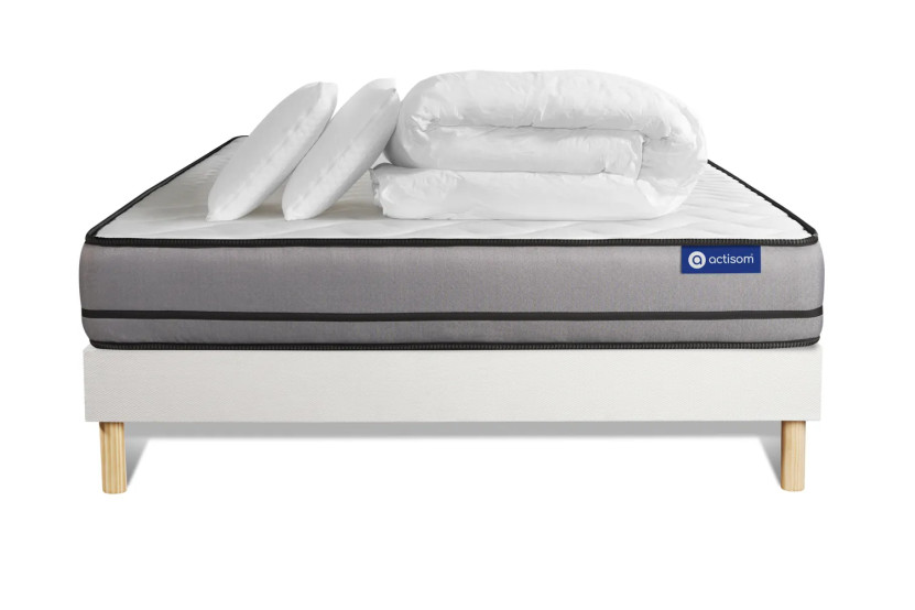 Pack lit complet 140x200 cm - Matelas + Sommier Blanc (en kit) + 2 oreillers + Couette - Actimemo Night