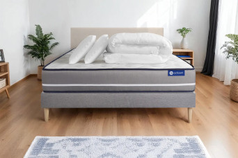 Pack lit complet 140x190 cm - Matelas + Sommier Gris (en kit) + 2 oreillers + Couette - Actiflex Pur